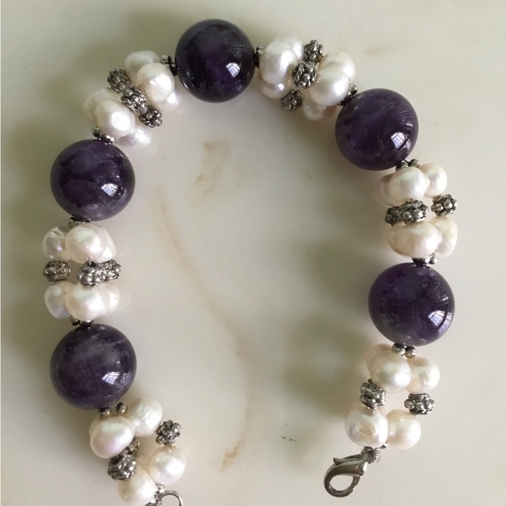 Purple and White Beaded Bracelet